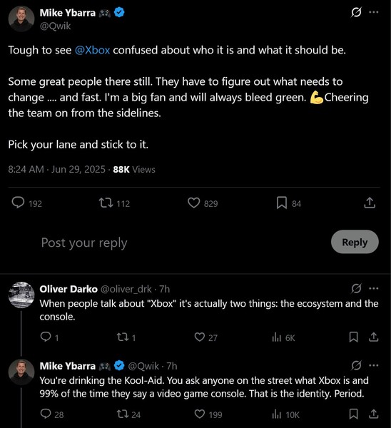 Mike Ybarra X post op Xbox identiteit (Afbeeldingsbron: screenshot, Mike Ybarra X account)