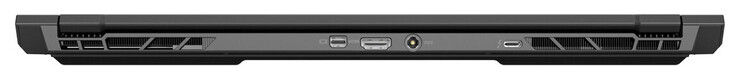 Achterkant: Mini DisplayPort 1.4 (G-Sync), HDMI 2.1 (G-Sync), AC-adapter, Thunderbolt 4 (DisplayPort, G-Sync compatibel)
