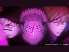 Jujutsu Kaisen Seizoen 3 openingssequentie met Yuji Itadori geflankeerd door belangrijke personages, getoond in een gestileerde paarsgetinte visual. (Beeldbron: Mappa, Crunchyroll)