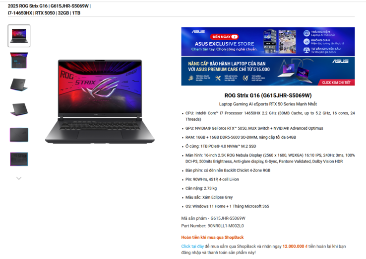 Asus ROG Strix G16 RTX 5050-variant specificaties (bron: Asus)
