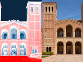Een thermisch infraroodbeeld van UCLA's Royce Hall. De overgang van wit naar lichtrood toont de warmte die van de grond (rood) wordt geabsorbeerd. De overtollige warmte straalt omhoog naar de koude lucht, afgebeeld met blauw. (Afbeeldingsbron: Raman Lab/UCLA)