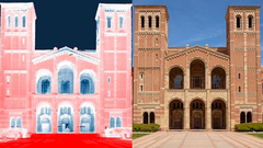 Een thermisch infraroodbeeld van UCLA's Royce Hall. De overgang van wit naar lichtrood toont de warmte die van de grond (rood) wordt geabsorbeerd. De overtollige warmte straalt omhoog naar de koude lucht, afgebeeld met blauw. (Afbeeldingsbron: Raman Lab/UCLA)