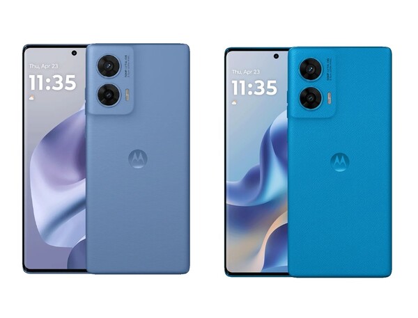 De Moto G96 is verkrijgbaar in twee tinten blauw, beide met een veganistische lederen afwerking. (Afbeeldingsbron: Motorola)
