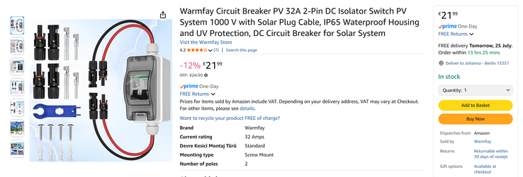 Een PV-zekeringkast is vereist, maar niet inbegrepen en moet apart worden aangeschaft. (afbeeldingsbron: Screenshot Amazon)