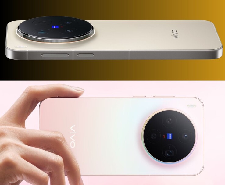 Vivo X300 Pro (boven) en X300 (onder) met gouden en roze afwerking en ronde Zeiss-cameramodules (Afbeelding bron: Vivo)