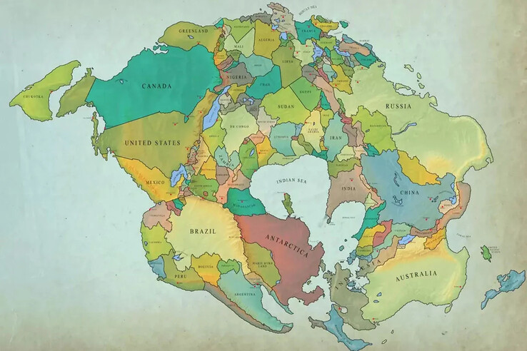 De meest waarschijnlijke schatting voor het nieuwe continent op Aarde over 250 miljoen jaar. (Afbeeldingsbron: Reddit)