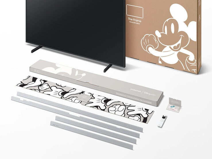 De Samsung The Frame Disney100 Edition TV heeft aangepaste platina randen en afstandsbediening. (Afbeelding bron: Samsung)