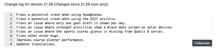 Het wijzigingslogboek van de Garmin Fenix 8 bètaversie 21.39