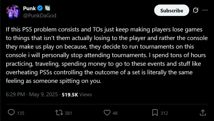 PunkDaGod X bericht over oververhitting PS5 op Evo Japan (Afbeelding bron: PunkDaGod X account)