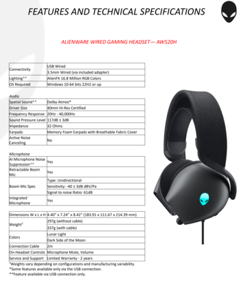 Alienware AW520H - Specificaties. (Afbeelding Bron: Dell)