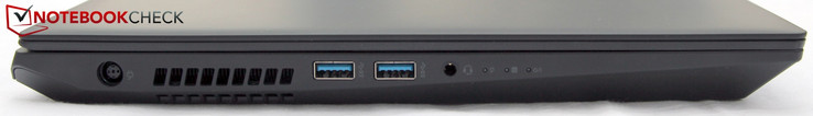 Links: power, 2x USB-A 3.0, koptelefoon/microfoon, status-LED's