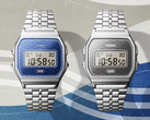 Casio Vintage AE159WEVJ-2 en AE159WEVJ-7 tegen een blauwe en gedempte zilveren achtergrond.