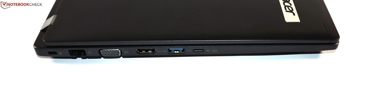 Linkerkant: Kensington lock, RJ45 Ethernet, VGA, HDMI, USB 3.0 Type-A, USB 3.1 Gen 1 Type-C