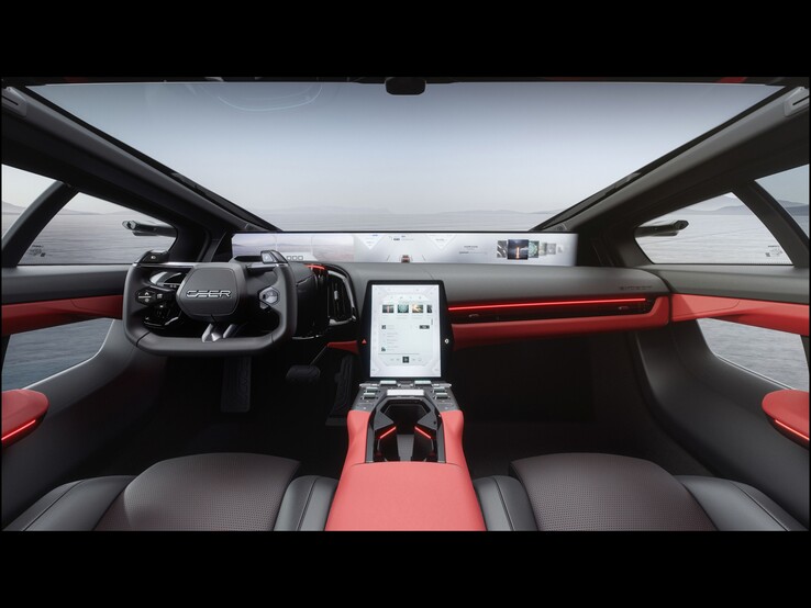 Interieur met stuurwiel, een 48-inch „Digital Horizon Display“ en een 10,4-inch touchscreen in de middenconsole.