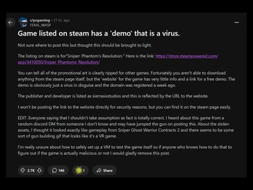 Infected Steam demo Reddit post (Afbeelding bron: screenshot, PC Gaming subreddit)