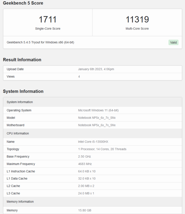 Intel Core i5-13500HX Geekbench notering (afbeelding via Geekbench)