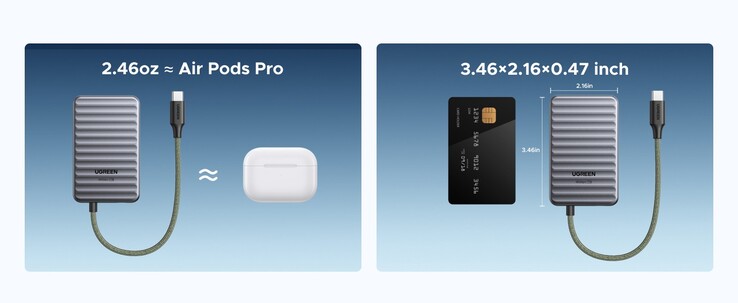 Vergelijking van de afmetingen van de Ugreen NeoDrive Go.