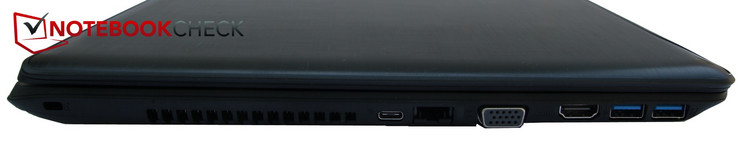 Linkerkant: Kensington lock, USB Type-C, LAN, VGA, HDMI, 2x USB 3.0