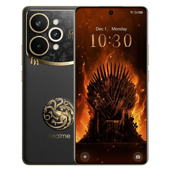 De Realme 15 Pro Game of Thrones Limited Edition heeft een zwarte leren achterkant en gouden accenten. (Afbeeldingsbron: Realme)