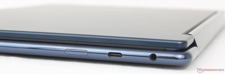 Rechts: Aan/uit-knop, USB-C 3.2 Gen. 2, (10 Gbps) w/ DisplayPort 1.4 + Power Delivery 3.0, 3,5 mm headset