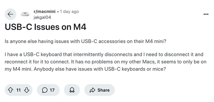De problemen met de USB-C aansluiting van de Mac mini blijven opduiken op forums. (Afbeeldingsbron: Reddit)