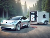 Een door AI gegenereerde impressie van een Apple Auto met een batterijsysteem buiten het voertuig. (Afbeelding: Dall-E 3)