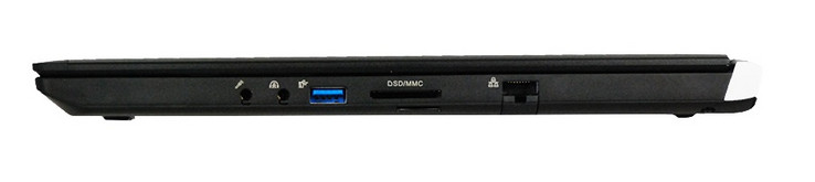 Rechts: 3.5-mm-microfoon, 3.5-mm-koptelefoon, USB 3.0, SDXC-kaartlezer, mini-SIM, Gigabit RJ-45, Kensington Lock (Bron: Eurocom)
