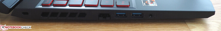 Links: Kensington-slot, RJ45 ethernet, 2x USB-A, 3.5-mm koptelefoon-klink