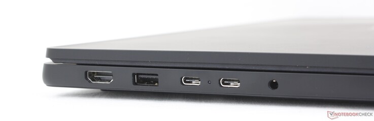 Links: HDMI (4K60), USB 3.2 Gen. 1, 2x USB-C 3.2 Gen. 2 w/ DisplayPort 1.4 + Power Delivery, 3,5 mm headset