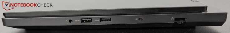 Rechts: Hoofdtelefoonaansluiting, 2x USB-A (5 Gbps), sluiter voor webcam, LAN