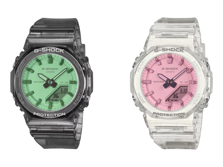 De Casio G-Shock GMA-P2100SR-1A (links) en GMA-P2100SR-7A (rechts) horloges
