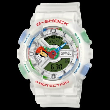 Vooraanzicht van de Casio G-Shock Pokémon 30th Anniversary GA-110PKM-7A tegen een zwarte achtergrond.