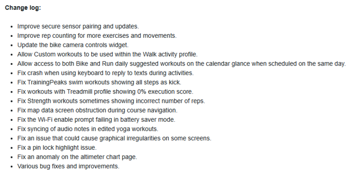 Het wijzigingslogboek voor Garmin Publieke Beta Versie 23.09 voor de Forerunner 955 smartwatch. (Afbeelding bron: Garmin)