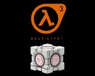 De Dbrand Weighted Companion Cube, hieronder afgebeeld onder het Half-Life 3-logo