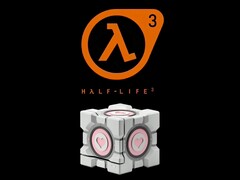 De Dbrand Weighted Companion Cube, hieronder afgebeeld onder het Half-Life 3-logo