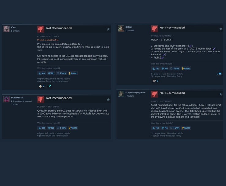 Reviews van Steam-gebruikers met kritiek op de DLC van Ubisoft, waarbij meerdere spelers de content als niet aanbevolen markeren (Afbeelding bron: Steam)