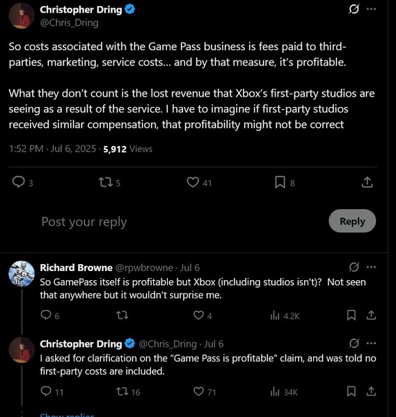 Het bericht van Christopher Dring X over de winstgevendheid van Xbox Game Pass (afbeeldingsbron: screenshot, Christopher Dring X account)