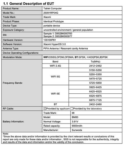 Certificering onthult details van de wereldwijde Xiaomi Pad 8 Pro. (Afbeeldingsbron: FCC certificering)