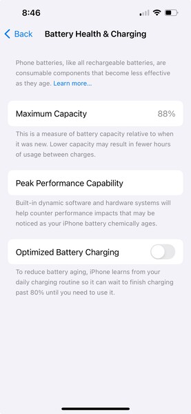 de pagina 'Gezondheid batterij' van iPhone toont de huidige resterende capaciteit