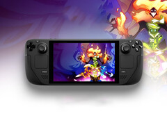 Een Steam Deck apparaat op een levendige achtergrond (Afbeelding bron: Steam; bewerkt)