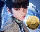Stellar Blade-personage Eve naast cryptocurrency (afbeeldingsbron: Shift Up, Amazon met bewerkingen)