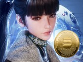 Stellar Blade-personage Eve naast cryptocurrency (afbeeldingsbron: Shift Up, Amazon met bewerkingen)