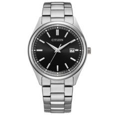Citizen BM1350-54E Eco-Drive-dresshorloge met een zwarte wijzerplaat met zonnestraalpatroon, een roestvrijstalen kast en armband, staafvormige uurmarkeringen en een datumweergave op 3 uur.