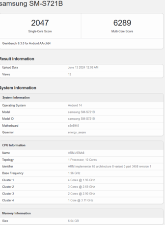 Samsung Galaxy S24 FE Geekbench score (afbeelding via Geekbench)