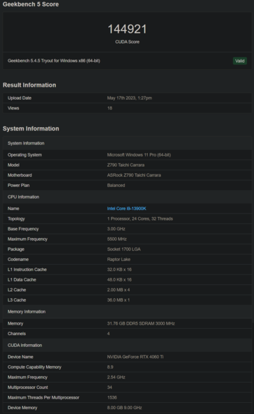 Nvidia GeForce RTX 4060 Ti Geekbench (afbeelding via Geekbench)