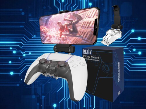Orzly PS5 controller telefoonhouder clip wordt getoond