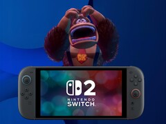 Een geïrriteerde Donkey Kong staat achter de Switch 2 console (Afbeelding bron: Nintendo of America met bewerkingen)