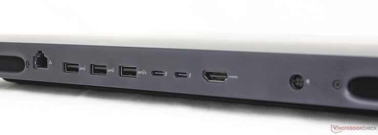 Achterkant: RJ-45 (5 Gbps), 3x USB-A 3.2 Gen. 1, 2x Thunderbolt 5 w/ DisplayPort 2.1 + Power Delivery, HDMI 2.1, AC-adapter