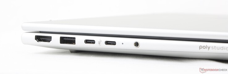 Links: HDMI 2.1, USB-A (5 Gbps), 2x USB-C 4.0 met DisplayPort 1.4 + Power Delivery (40 Gbps)