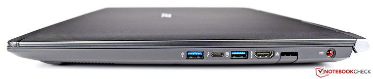 Rechterkant: 1x USB 3.0, 1x USB 3.0 Type-C Gen.2 (Thunderbolt), 1x USB 3.0, HDMI, RJ45, stroomaansluiting